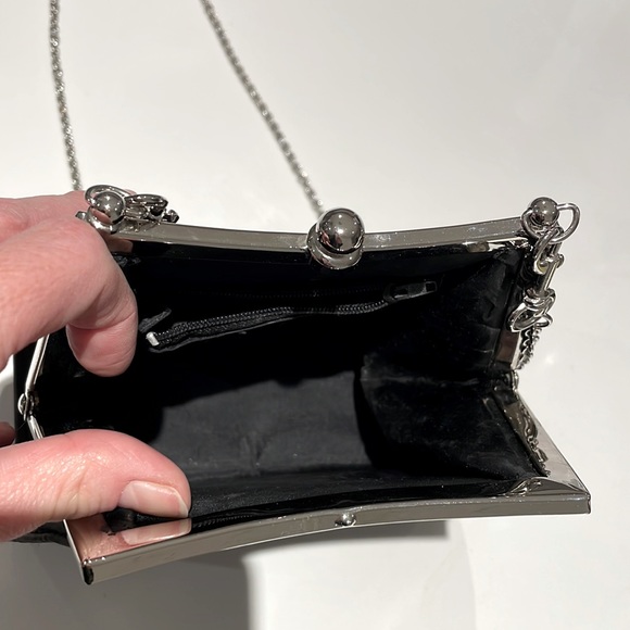 (2/$30) Black cocktail purse with black floral + silver tone chain strap/closure - Picture 3 of 6